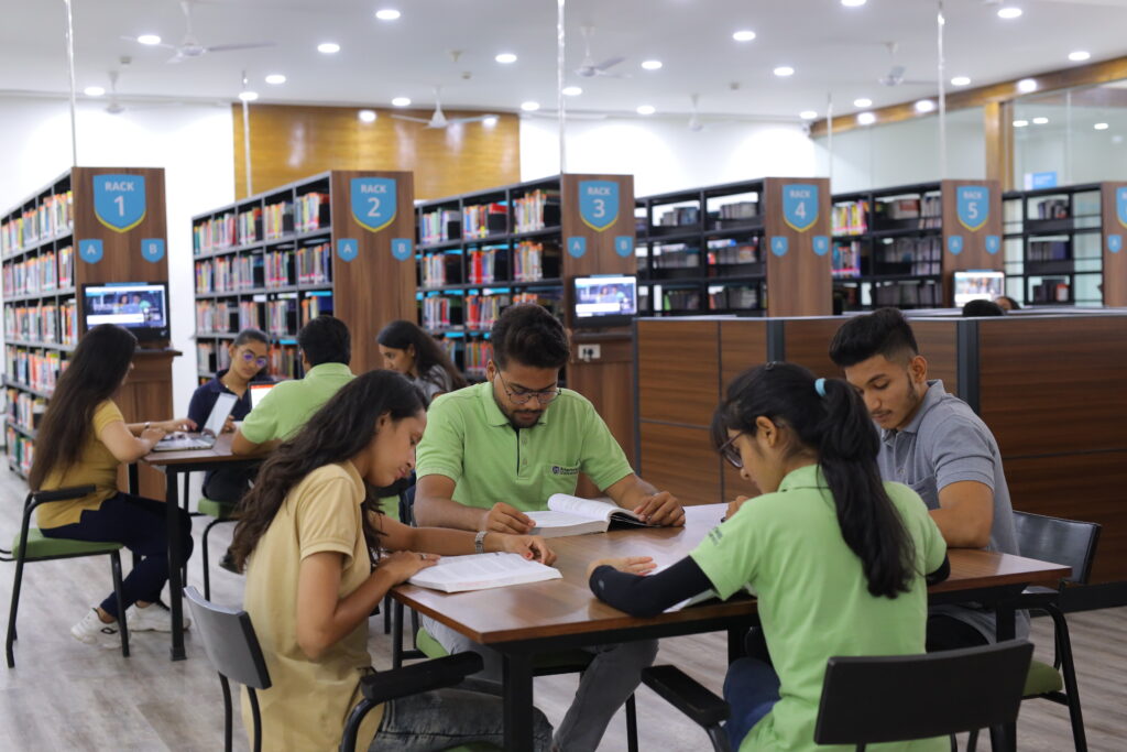 Central library at Marwadi University with books and study facilities in Rajkot, Gujarat