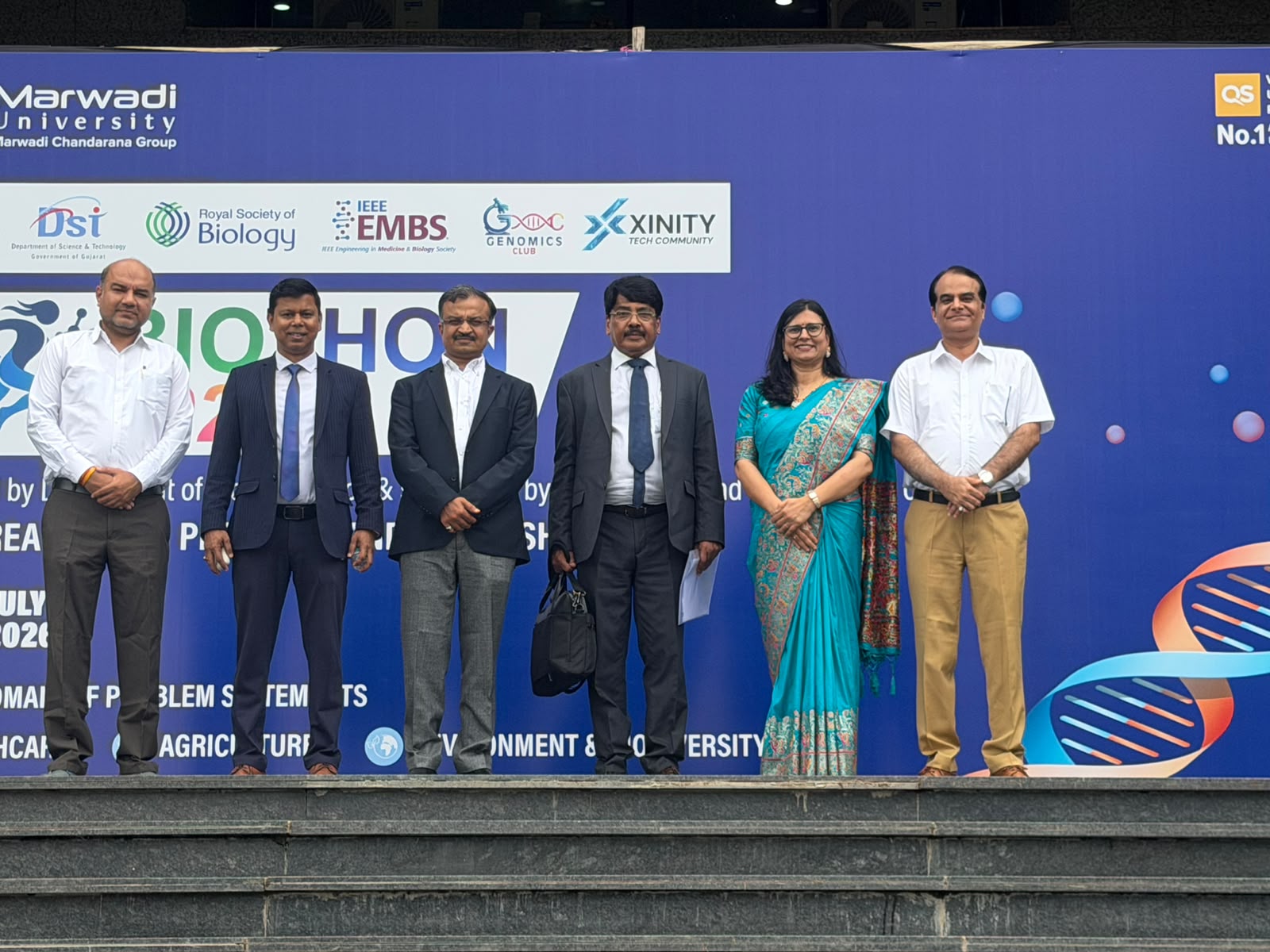 Winning teams, judges, and industry experts at the Biothon 2026 bioinformatics hackathon hosted by Marwadi University