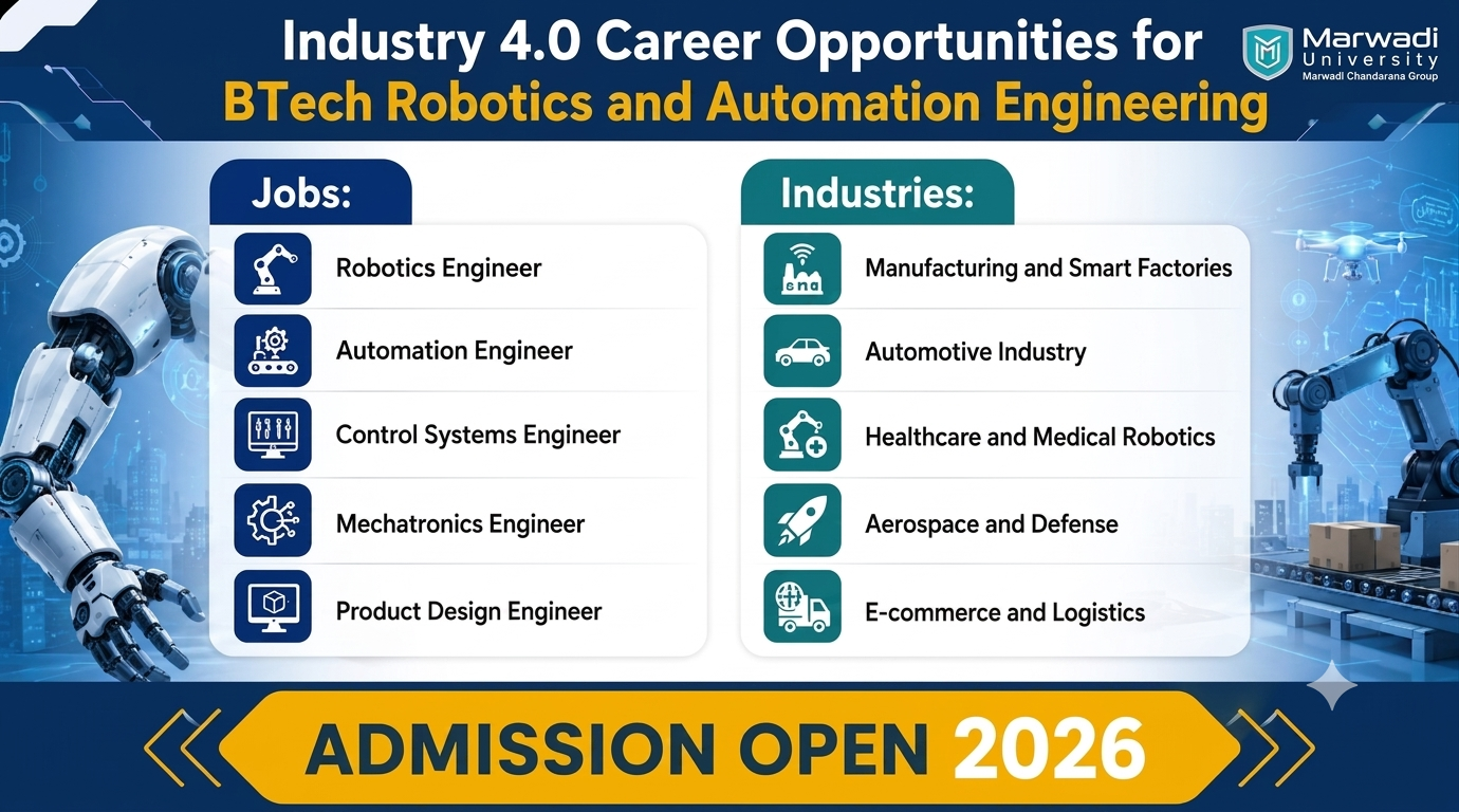 Students learning robotics and automation engineering with industrial robots, AI, and Industry 4.0 technologies at Marwadi University.